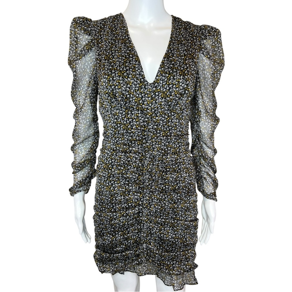 ASTR the Label Mini Dress Ditsy Floral Long Sleeve Ruched Ruffle Hem Black S